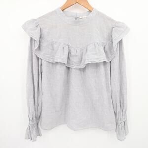 ANA Blouse White Gray Striped Ruffle Detail Long Sleeve Round Neck Cotton 0X